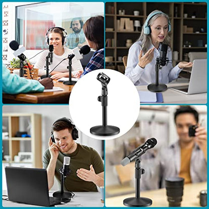 Hoteam 4 Pcs Desktop Mic Stand Adjustable tabletop Mic Stand microphone desk stands with 5/8" Male to 3/8" Female Screw Metal Round Base for Table Desk Interviews, Black