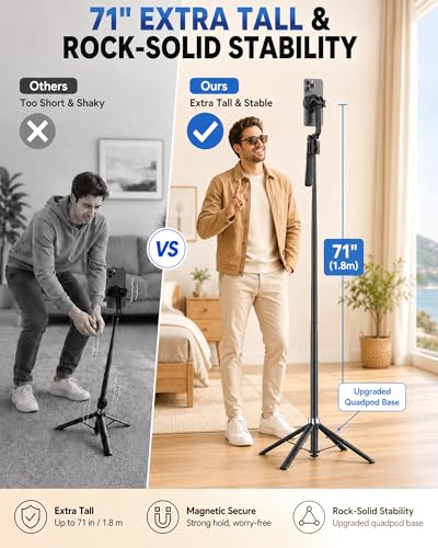 Oldshark 71" Auto Face Tracking Tripod Detachable Light, 1-Sec Quick Setup Magnetic Tripod for iPhone, No App Needed 360° Rotating Phone & Camera Tripod, Content Creator Essentials for TikTok YouTube - color: Deep black