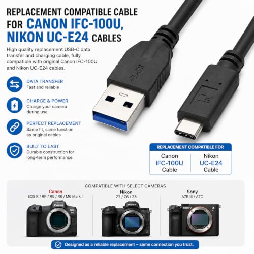 Master Cables Replacement Type C Camera Data Transfer and Charging Cable for Canon EOS R RP R5 R6 M6 Mark II Nikon Z7 Z6 Z5 Sony A7R III A7C Camera Canon IFC-100U UC-E24 USB-C Cable