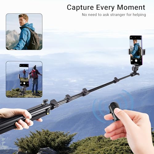 Phone Tripod Stand with Remote Zoom for Video Recording, Vlog Metal Selfie Stick Tripod for iPhone with Wireless Camera Shutter, Travel Extendable Phone Holder