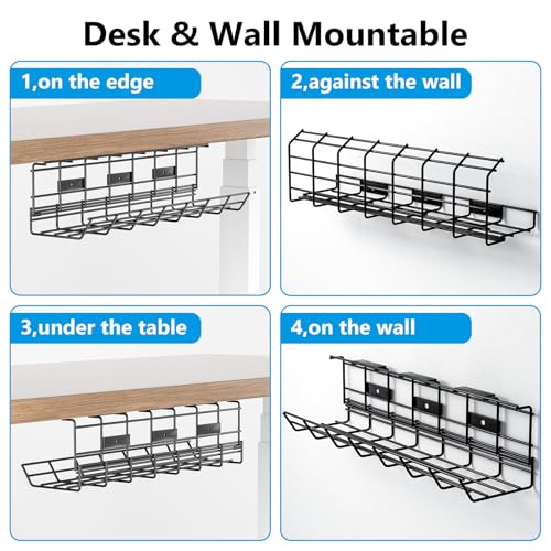 2 Pack DELAMU Under Desk Cable Management Tray, Metal Cord Cable Organizer for Desk, Easy Install Pre-drilled Wire Management Wire Organizer for Office & Home