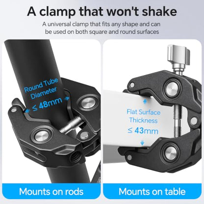 Super Clamp Camera Clamp Mount Monitor 360°Ballhead Magic Arm Double Ball Head Adapter with 1/4"-20 & 3/8"-16 Thread for Canon Nikon DSLR Camera/Gopro/LED Light Ronin-M/Ronin MX/FreeflyMOVI