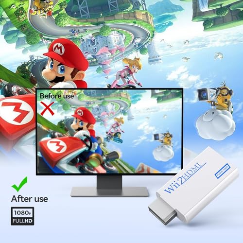 GANA Wii to HDMI Converter 1080P Full HD, Wii HDMI Adapter with 3.5mm Audio & HDMI Output, Compatible with Wii/Wii U, HDTV, Monitor, Projector, Supports All Wii Display Modes - color: White
