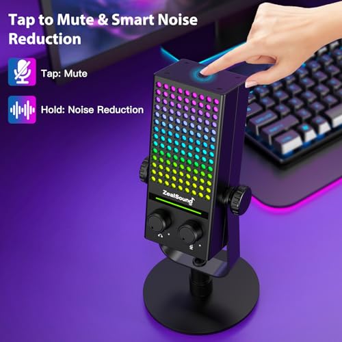 ZealSound USB Gaming Microphone for Xbox PC Mac iPhone & Android, Noise Reduction Mic with One-Tap Mute, Gain Control, Zero-Latency Monitoring & RGB Lighting, for YouTube TikTok Podcasting & Streaming - color: Black