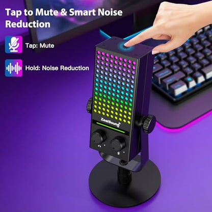 ZealSound USB Gaming Microphone for Xbox PC Mac iPhone & Android, Noise Reduction Mic with One-Tap Mute, Gain Control, Zero-Latency Monitoring & RGB Lighting, for YouTube TikTok Podcasting & Streaming - color: Black