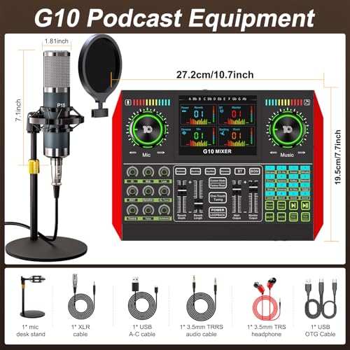 Podcast Microphone Bundle with Live Sound Board Audio Mixer, Podcast Equipment Bundle with 3.5mm Condenser Microphone(P15) for Pc/Phone Live Streaming Singing Gaming, Voice Changer, Denoise
