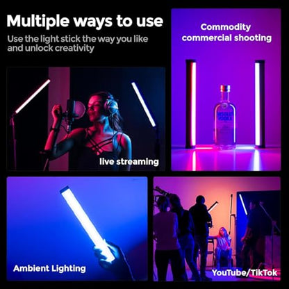 PHOTOOLEX RGB Tube Light, Mini LED Video Light Wand, Magnetic Light Stick | 190mm/2600mAh/Rechargeable/Handheld/2500-9900K/360° Full Color/CRI 96+, Photography Light Bar for TikTok YouTube