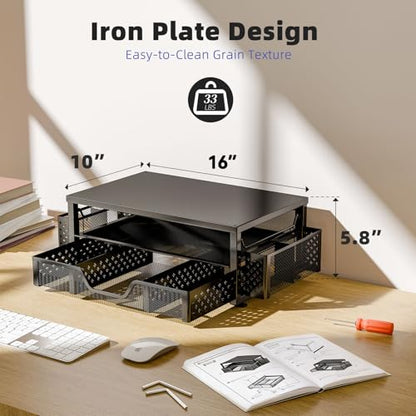 Simple Trending 2-Tier Monitor Stand Riser, Drawer & 2 Pen Holders, Black | Sturdy Material - size: 16"W x 10"D x 5.8"H