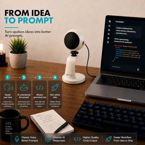 Movo WebMic USB Dictation Microphone in White – Cardioid for Vibe Coding | Cardioid Pickup Rejects Background Noise For Accurate Dictation. Gain Knob, Headphone Out, Mute. Desktop Stand, No Drivers. - color: Pearl White
