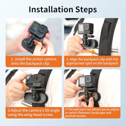 VRIG Backpack Strap Mount for Action Camera, 360 Ball Joint Backpack Shoulder Clamp Mount for Go Pro Hero 13 12 11 10 9 Black, DJI Osmo Action 6/5 Pro/ 4/3 (AC-89 Ball-Head) - size: AC-89 Ball-head