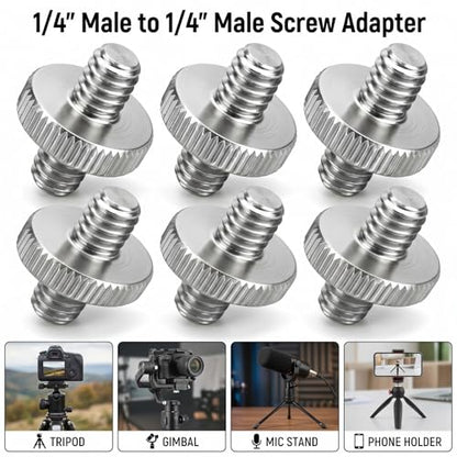 Skrfren 1/4" Male to 1/4" Male Threaded Tripod Screw Adapter, Double Sided Standard Thread Converter, Precision Made Alloy Stud for Camera Cage, Light Stand, Shoulder Rig, Monopod (Silver, 6 Pack)