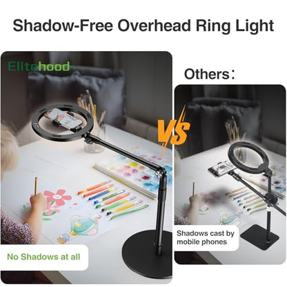 elitehood Overhead Phone Mount with Light for Video Recording, Adjustable Desk Ring Light with Stand and Phone Holder, Heavy Duty Overhead Camera Mount Tripod for iPhone Cooking Video, Filming Meeting - style: Desk Stand with Light