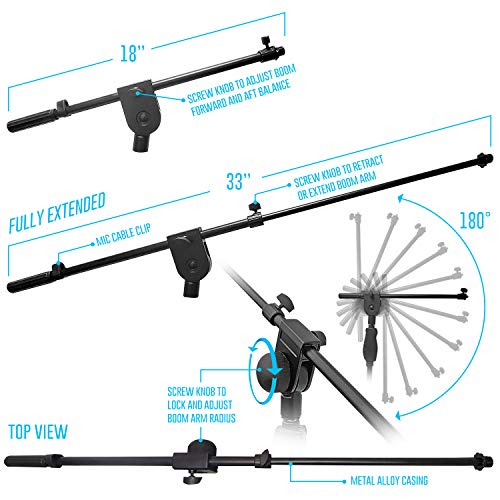 AxcessAbles Weighted Mic Stand Floor with Heavy Round Base, Quick Grip Height Adjustment - 74" Microphone Stand Include 33" Detachable Mic Boom Arm. Tall Microphone Stand for Singing (MS-201RB) - size: 1-Pack