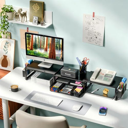 Simple Trending Dual Monitor Stand Riser with Drawer and 2 Pen Holders, Desk Organizer with Storage, Black