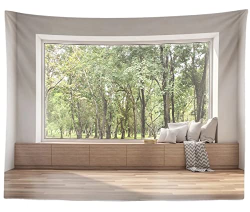 BELECO 9x6ft Fabric Modern Living Room Backdrop House Interior Window Scenery Green Forest Trees Nature Background Wallpaper Home Office Zoom Meeting Video Conference Backdrop Photo Studio Props - size: 9x6FT