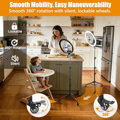Large Ring Light with Stand for iPhone iPad, 19" Professional Ring Light Tripod with Wheels, 3 Phone Holders & 1 iPad Holder, Big Ringlight Rolling for Photography, YouTube, TikTok, Video Recording - size: 19inch White