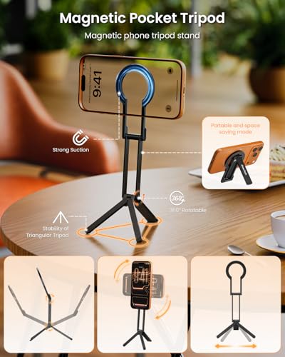 Foldable Magnetic Phone Tripod for MagSafe for Smartphone Stand | 360° adjustable,3-in-1 grip&stand selfie stick,for Magsafe accessories,pocket lightweight,for live stream,travel photography