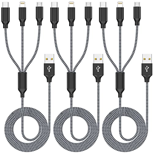 Xnewcable Multi Charging Cable 4ft 3Pack 3 in 1 Charger Cord, Multiple Rapid Nylon Braided Cable USB Charging Cable Multi Phone Charger Cord with Type C Micro Lightning USB Connectors for Cell Phones - color: Grey/Black-4ft