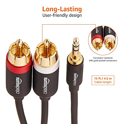 Amazon Basics 3.5mm Aux to 2 RCA Audio Cable for Amplifiers, Active Speakers, Smartphones, Tablet with Gold-Plated Plugs, Stereo Audio, 15 Feet/4.6 m, Black - size: 15 Feet