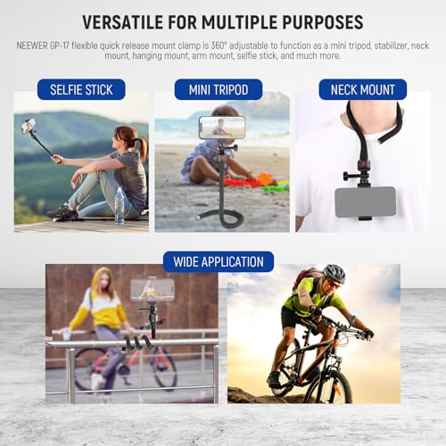 NEEWER Flexible Phone Holder with Magnetic Quick Release Camera Mount Compatible with Insta360 DJI Action 4 iPhone, Bendable Selfie Stick for Shopping Cart/Stroller/Treadmill/Gym, GP-17 - style: GP-17