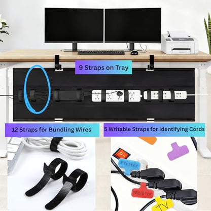 Under Desk Cable Management Tray, 48" Extra Large No Drill Cord Organizer with Easy to Clean Oxford Fabric, Clamp On Power Stripe Holder for Office, Home Office & Gaming Space - size: Extra Large (48 inch)