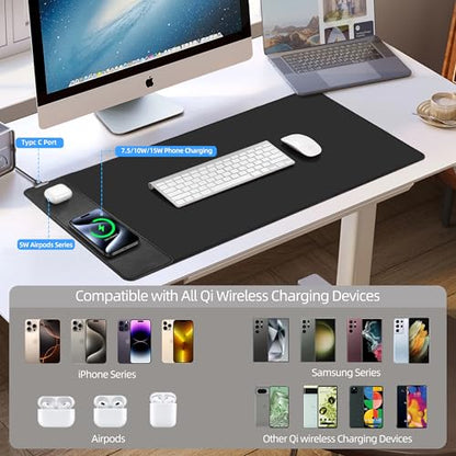 Mouse Pad with Wireless Charging, Gaming Mouse Pad with Ultra-Smooth Surface, Large XXL Desk Mat, Non-Slip Mouse Mat, Waterproof Computer Keyboard Pad for Gaming, Desk, Office, PC, 800x400x4MM, Black - color: Black - 31.5"x15.7"