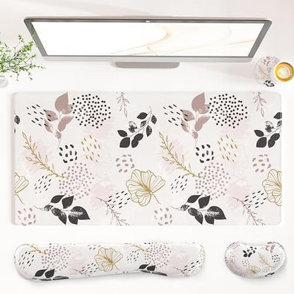 QIYI Leather Desk Mat Set, 4-in-1 Large Mouse Pad with Ergonomic Wrist Rest, Waterproof Desk Pad + Keyboard Wrist Rest + Mouse Wrist Support+Coaster, Non-Slip Office Gaming Accessories, Botanical Leaf - color: Botanical Leaves