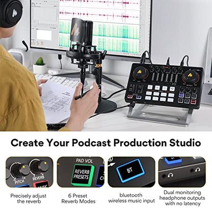 MAONO Podcast Equipment Bundle 10 Channel Audio Interface and XLR Dynamic Microphone MaonoCaster with Pro-preamp, 48V, Bluetooth for Podcast, Streaming, TikTok, Youtube, PC, Smartphone (AME2C Pro)