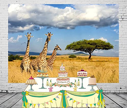 Fabric 7x5ft Kilimanjaro Giraffe Backdrop Africa Safari Landscape Photography Background Giraffe Birthday Kenya Party Decorations Banner Photo Booth Props Wildlife Animals Zoo Theme Party - size: 7x5FT