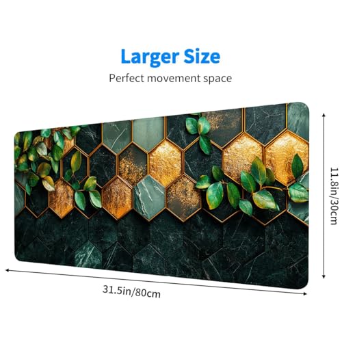 Gold Leaf Desk Mat Gaming Large Mouse Keyboard Pad Green Marble Honeycomb Desktop Mat for Keyboard and Mouse Extra Full Desk Computer Pads 31.5" x 11.8" - color: Gold Leaf, size: 31.5L x 11.8W inches