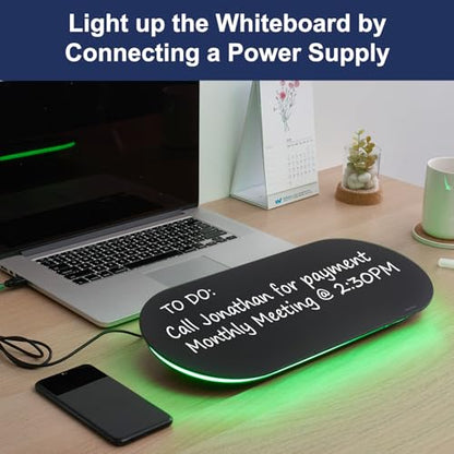 TSJ OFFICE Glass Desktop Whiteboard - 17 X 7 Inches Small Dry Erase Board with Green Light, Black Glass White Board Surface Notepad with 1 Drawer, Desk Organizers for Office, Home, School Supplies - color: Green Light (Black Glass)