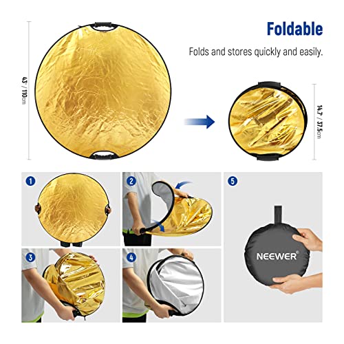 NEEWER 43"/110cm Light Reflector with Handle Grip with 3/8" Thread, 5 in 1 Collapsible Disc Light Diffuser Translucent/Silver/Gold/White/Black for Photography Lighting, Outdoor Lighting, RF-110II - style: 110cm