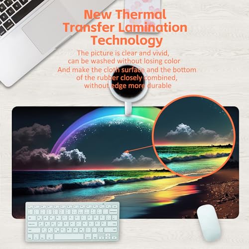 Desk Mat, Rainbow and Full Moon Desk Pad, Beach at Night Large Gaming Mouse Pad for Desk, 31.5"x15.7" Extended Big Computer Keyboard Mouse Pad with Non-Slip Base and Stitched Edge - color: Rainbow and Full Moon