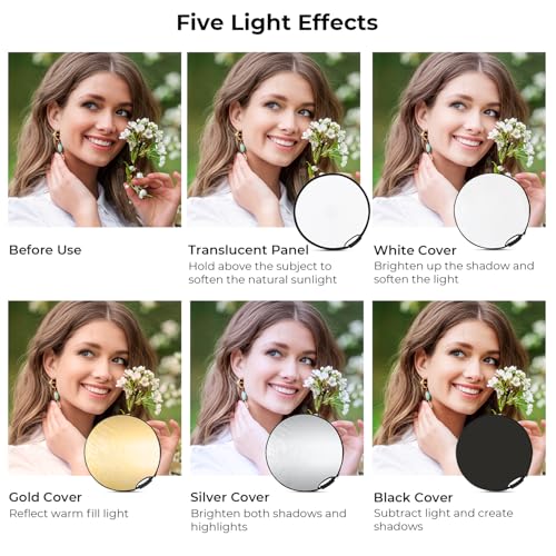 K&F CONCEPT 22"/60cm 5-in-1 Light Reflector with Handle Grip and Bag, Multi Disc Collapsible Portable Photography Diffuser Gold, Silver, White, Black, Translucent for Studio and Outdoor Lighting - size: 22 inches (60 cm)