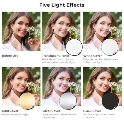 K&F CONCEPT 22"/60cm 5-in-1 Light Reflector with Handle Grip and Bag, Multi Disc Collapsible Portable Photography Diffuser Gold, Silver, White, Black, Translucent for Studio and Outdoor Lighting - size: 22 inches (60 cm)