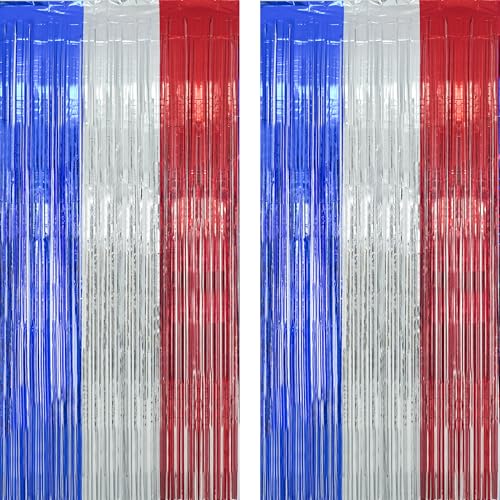 Blue Silver Red Party Streamers - GREATRIL Patriotic Tinsel Foil Fringe Backdrop Decorations for 4th of July Decorations/Independence Day/Memorial Day Party Supplies 3.2ft x 8.2ft 2 PCS - color: Blue Silver Red
