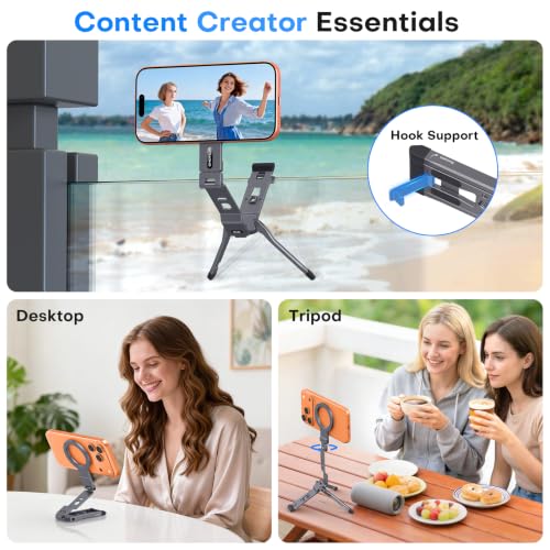 OMOTON TP03 [Ultra-Slim] for MagSafe Tripod, 360° Rotating Magnetic Phone Tripod for iPhone 17/16 Pro Max Air Women Men, Fold Cell Phone Stand with 1/4" Screw & Hook Fits Vlog, Travel Essentials, Gray - color: Gray