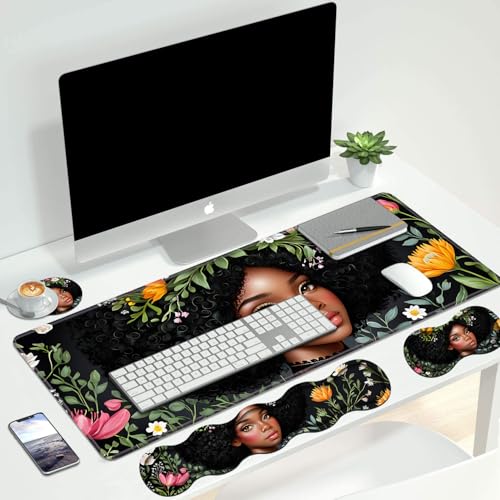 4 in 1 Ergonomic Keyboard Wrist Rest & Mouse Pad Wrist Rest Set, Large XXL Gaming Desk Mat 31.5"x 11.8" with Non-Slip Base, Memory Foam for Home Office Study Gaming, American Black Girl - color: American Black Girl