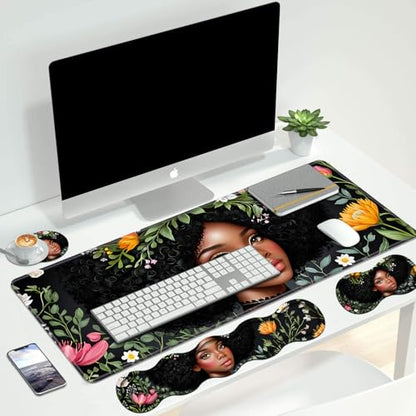 4 in 1 Ergonomic Keyboard Wrist Rest & Mouse Pad Wrist Rest Set, Large XXL Gaming Desk Mat 31.5"x 11.8" with Non-Slip Base, Memory Foam for Home Office Study Gaming, American Black Girl - color: American Black Girl