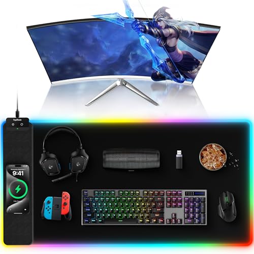 TopMade Mouse Pad with Wireless Charging, 31.5" x 15.75" Large Desk Mat RGB Gaming Mousepad, LED Desk Pad Keyboard Pad with Ultra-Smooth Surface & Non-Slip Rubber Base, Waterproof Desk Pad - color: RGB-31.5"x15.8"