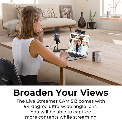 AVerMedia Live Streamer CAM 513-4K 30 fps UHD, Ultra Wide Angle Webcam with Fixed-Focus Glass Lens, for Indoor Lighting, Works with OBS, Zoom, Black