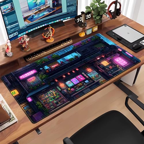 Cyberpunk Desk Mat 31.5''X15.7'' Neon Lights Desk Pad Large Gaming Mouse Pad Modern City Ramen Shop Extended Mousepad XXL Japanese Keyboard Mouse Mat for Computer Laptop Gamers - color: Cyberpunk Purple Blue Black