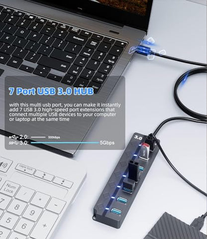Eanetf USB 3.0 Hub, 7-Port with Individual On/Off Switches & LED Indicators, 5Gbps High-Speed Data Hub for Laptop, PC, MacBook, Surface Pro, PS5, HDD, Flash Drive (4ft Cable)