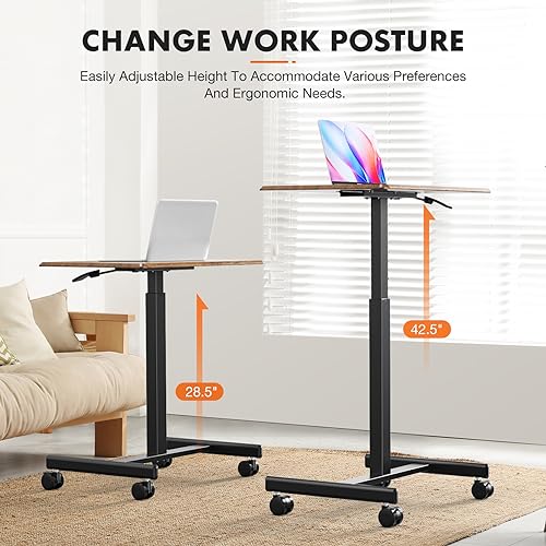 Sweetcrispy Mobile Rolling Desk with Lockable Wheels, Small Standing Laptop Desks, Sit Stand Adjustable Height Table Portable, Computer Workstations for Home Office, Brown - color: Brown