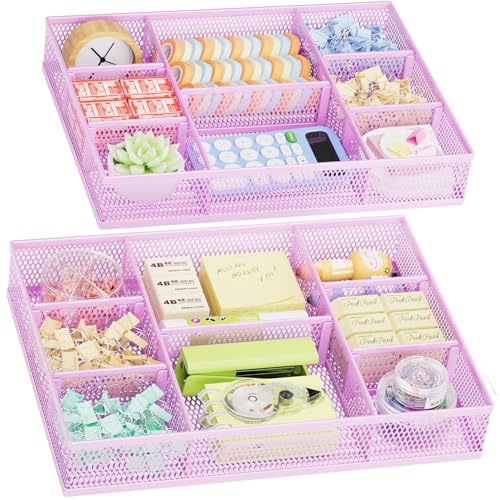 Marbrasse 2 Pack Desk Drawer Organizer, Mesh Drawer Organizer Tray with 8 Adjustable Compartments, Desk Organizers and Accessories, 5 Dividers Drawer for Office Supplies, Makeup & Vanity (Purple) - color: Purple