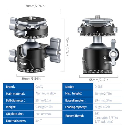 CAVIX 360° Rotating Panoramic Ball Head, Tripod Head Mount 1/4" & 3/8" with Arca Quick Release Plate, for DSLR Camera,Tripod,Monopod,Slider,Camcorder, 11 lbs/5kg Load - size: Ball Dia. 28mm