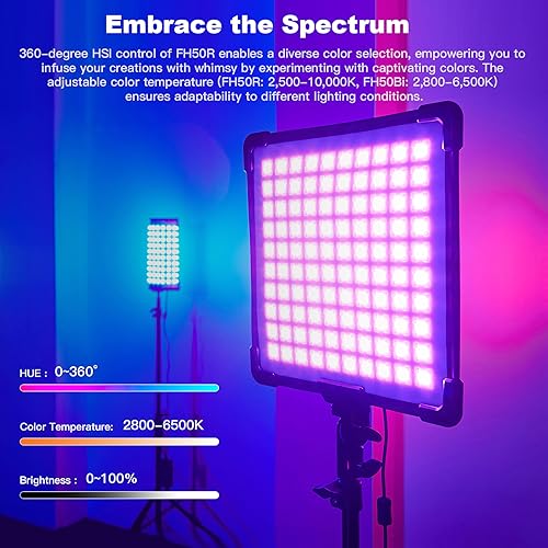 Godox FH50R Ultra-Thin Flexible LED Soft Light Panel, 2500~10000K CRI97+, APP Control, Handheld RGB Video light with AD-E2 Flash Holder Metal Bracket, Carry Bag for YouTube Studio Photography Shooting - color: FH50R(2500~10000K)