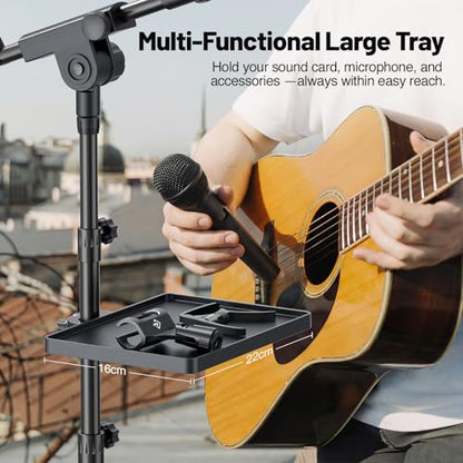 PHENYX PRO Microphone Stand with 22x16cm Large Tray, Adjustable Stand Height, Dual Mic Clips & Carrying Bag, Ideal for Live Streaming, Recording, and Speeches （MA-S1）