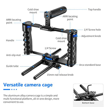 NEEWER Aluminum Alloy Camera Cage, Filmmaking Rig with Top Handle, Dual Grips & Arca Type Base, Compatible with Sony A7S III A7IV A6600 Canon EOS R5C R5 R6 DSLR/Mirrorless Cameras - VS107, Blue - style: VS107 Blue