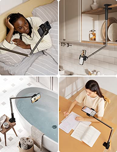 Viozon Phone Holder, Flexible Long Arm,Overhead Mount,360° Angle Adjustable,Aluminum Alloy, C Clamp for Headboard Bedside&Table&Desk,Compatible with 3.5"-6.9" Phone,iPhone 16 15Plus / Pro Max - color: Black